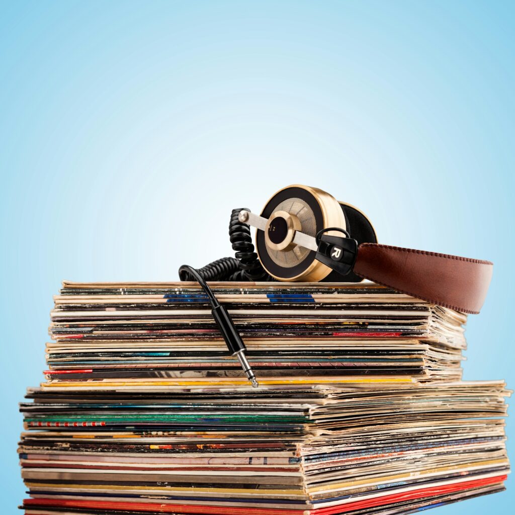 Headphones and vinyl records.